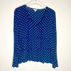 Lucky Brand Navy Blue White Polka Dot Split Neck Tiered Blouse Size M